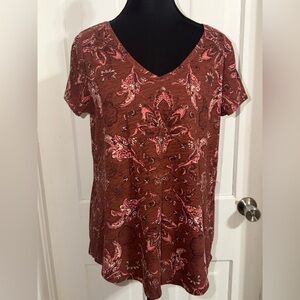 Paisley Print V-Neck Short Sleeve Top - Brown and Pink